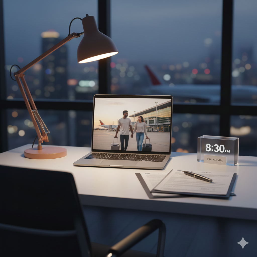 An organized airport office desk with a laptop displaying a photo of a couple walking with luggage, a modern desk lamp, a digital clock showing 8:30 PM, and a clipboard with documents and a pen, set in front of large windows overlooking an airport at dusk.