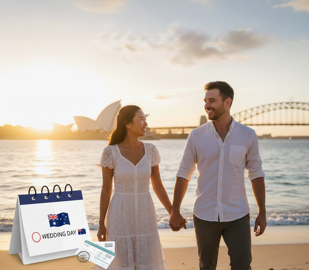 A couple holding hands on a beach during sunset, with the Sydney Opera House and Harbour Bridge in the background, and a wedding calendar showing a wedding day marked, along with airline tickets.
