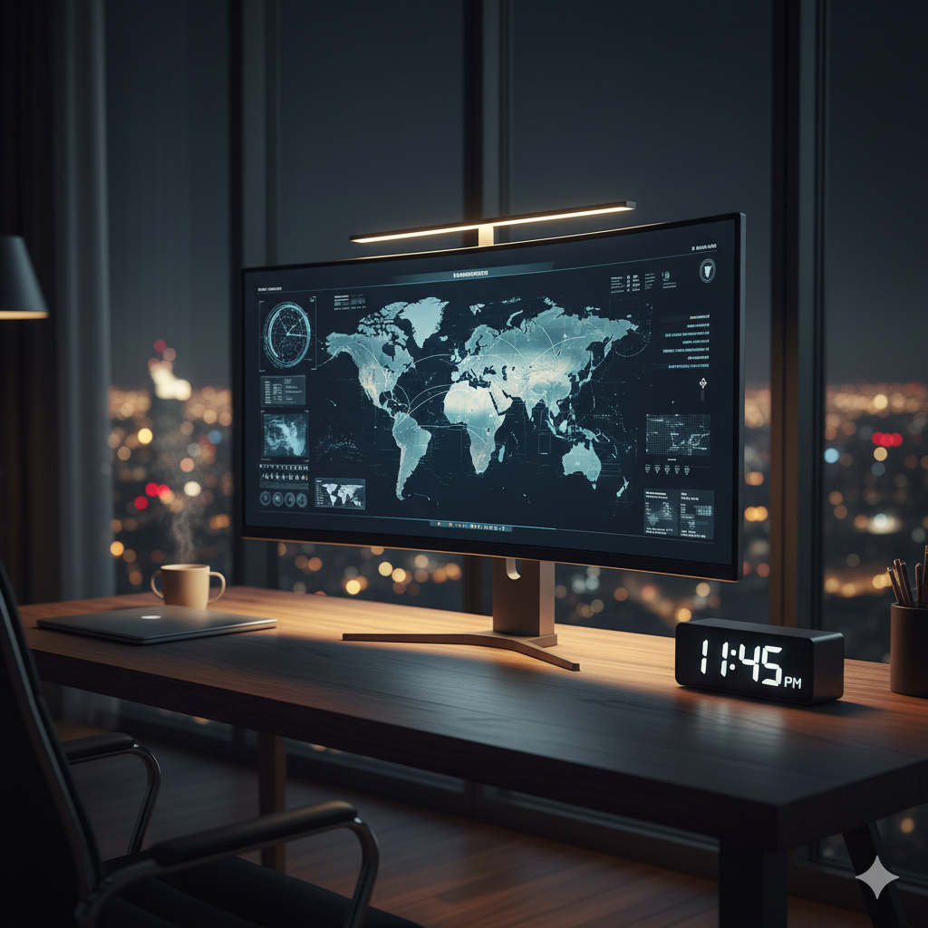 Nighttime office with large monitor displaying a world map and data analysis, digital clock showing 11:45 PM, coffee mug, closed laptop, pen holder, and city lights visible through the window.