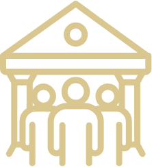 Line drawing of a group of people standing under a triangular temple with columns and a circular emblem at the top.