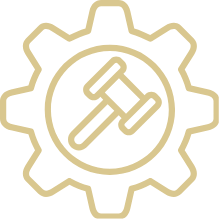 Outline of a gear with a hammer and wrench inside