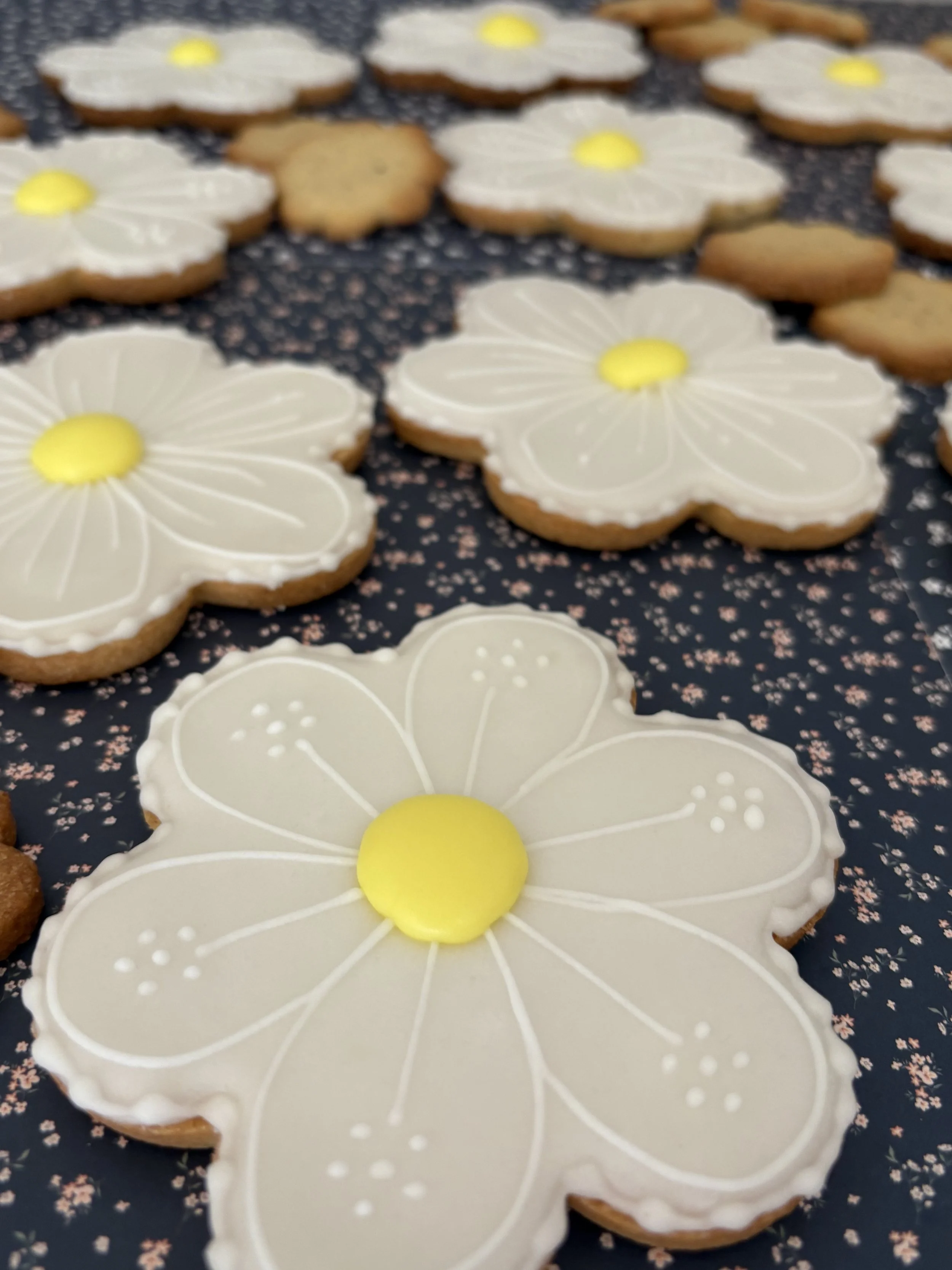 Biscuits en forme de marguerite, avec une décoration blanche et centrale jaune, sur un fond noir avec des petites fleurs roses.