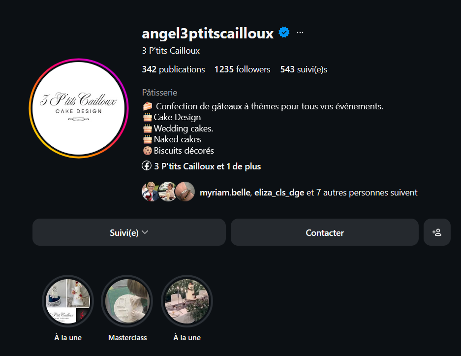 Capture d'écran du profil Instagram de angel3ptitscailloux, une pâtisserie spécialisée dans la confection de gâteaux à thèmes, cake design, gâteaux de mariage, gâteaux nus et biscuits décorés.