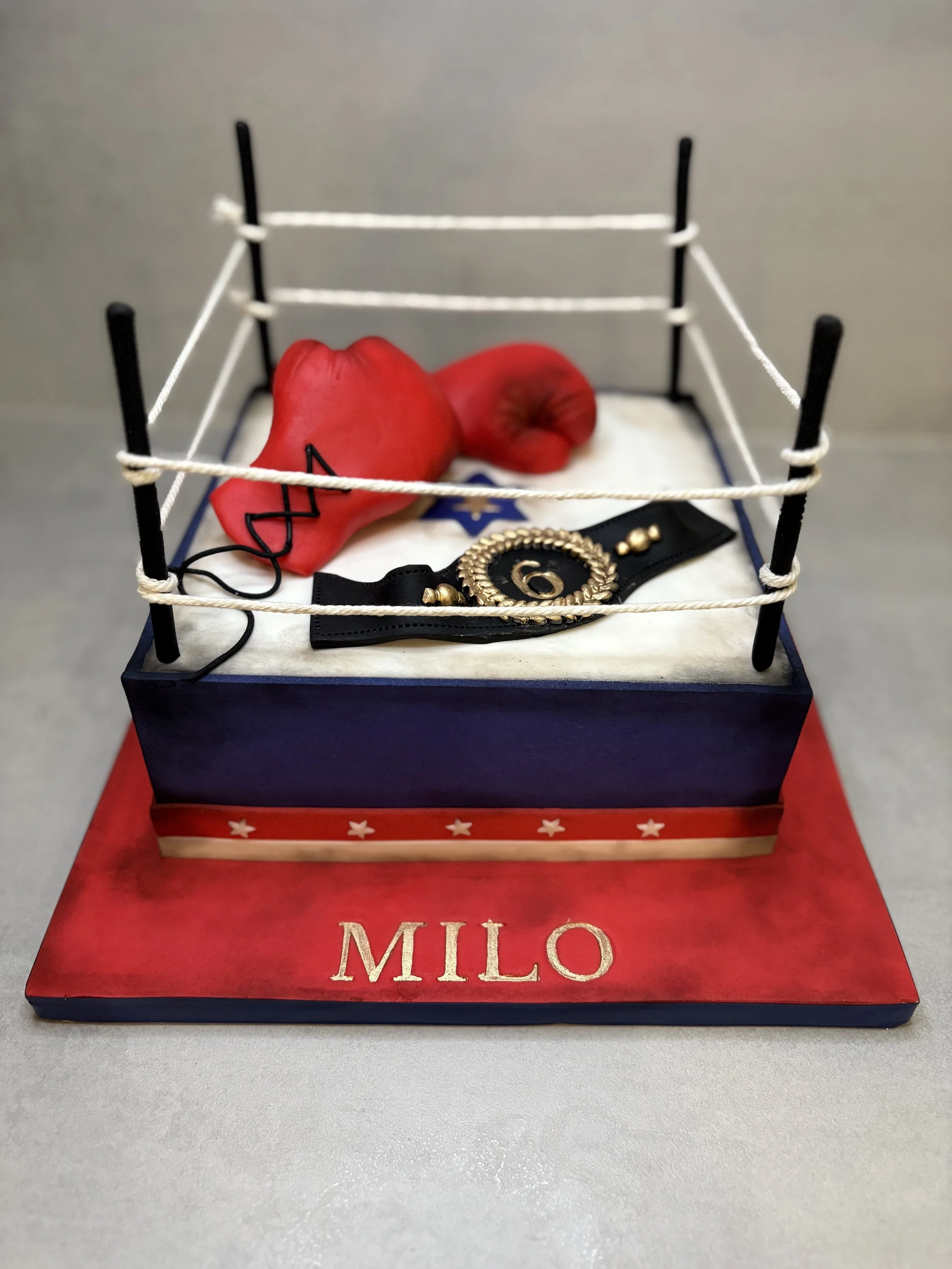 Gâteau en forme de ring de boxe avec des gants rouges, un bracelet noir avec un médaillon doré portant le chiffre 6, et un symbole israélien, sur une base rouge avec le nom 'MILO' en or.
