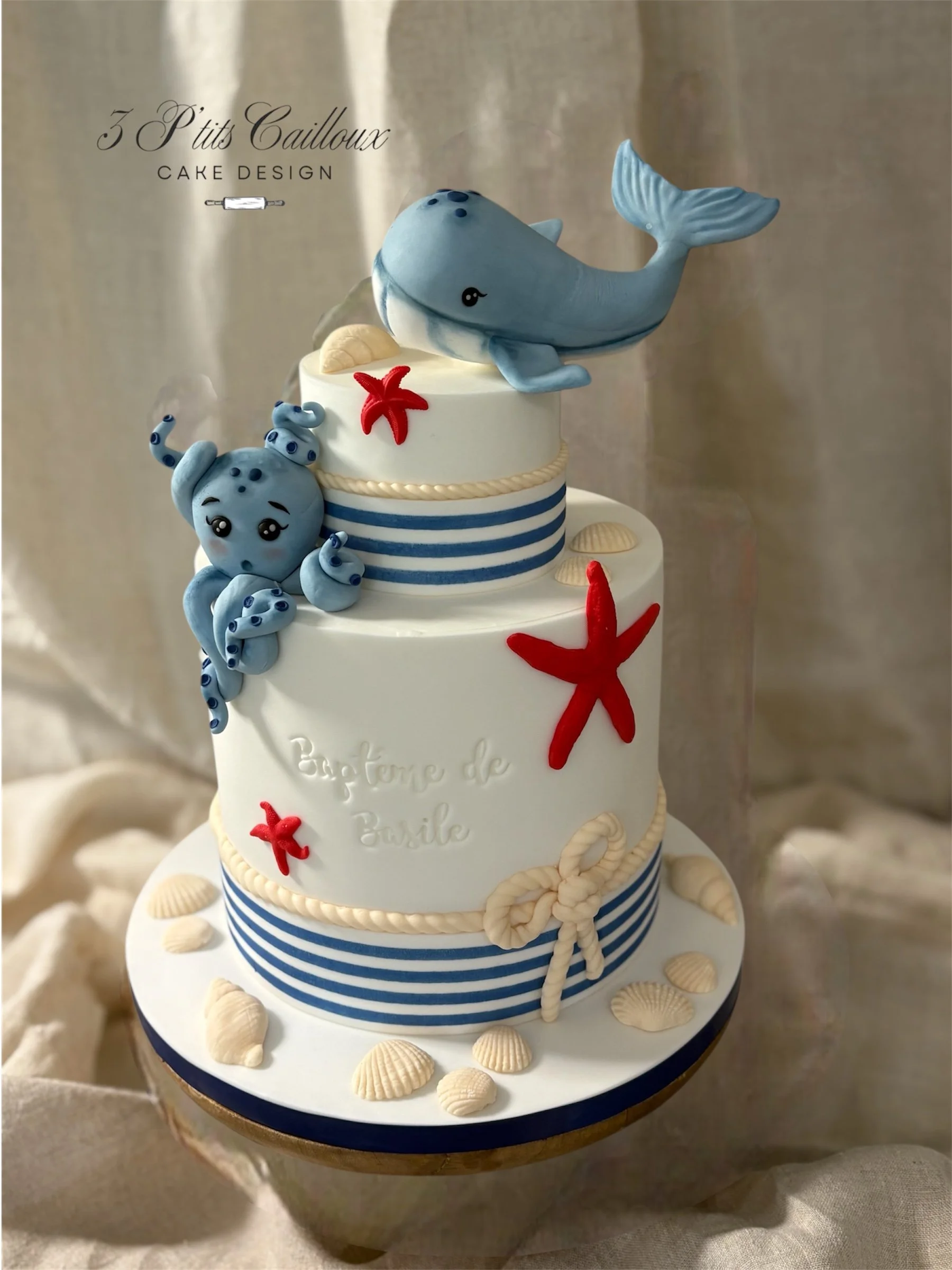 Gâteau décoré avec des thèmes marins, avec deux poissons et un poulpe en pâte à sucre, décoré avec des étoiles de mer, des coquillages et un nœud en corde. Texte en français : "Baptême de Basile".