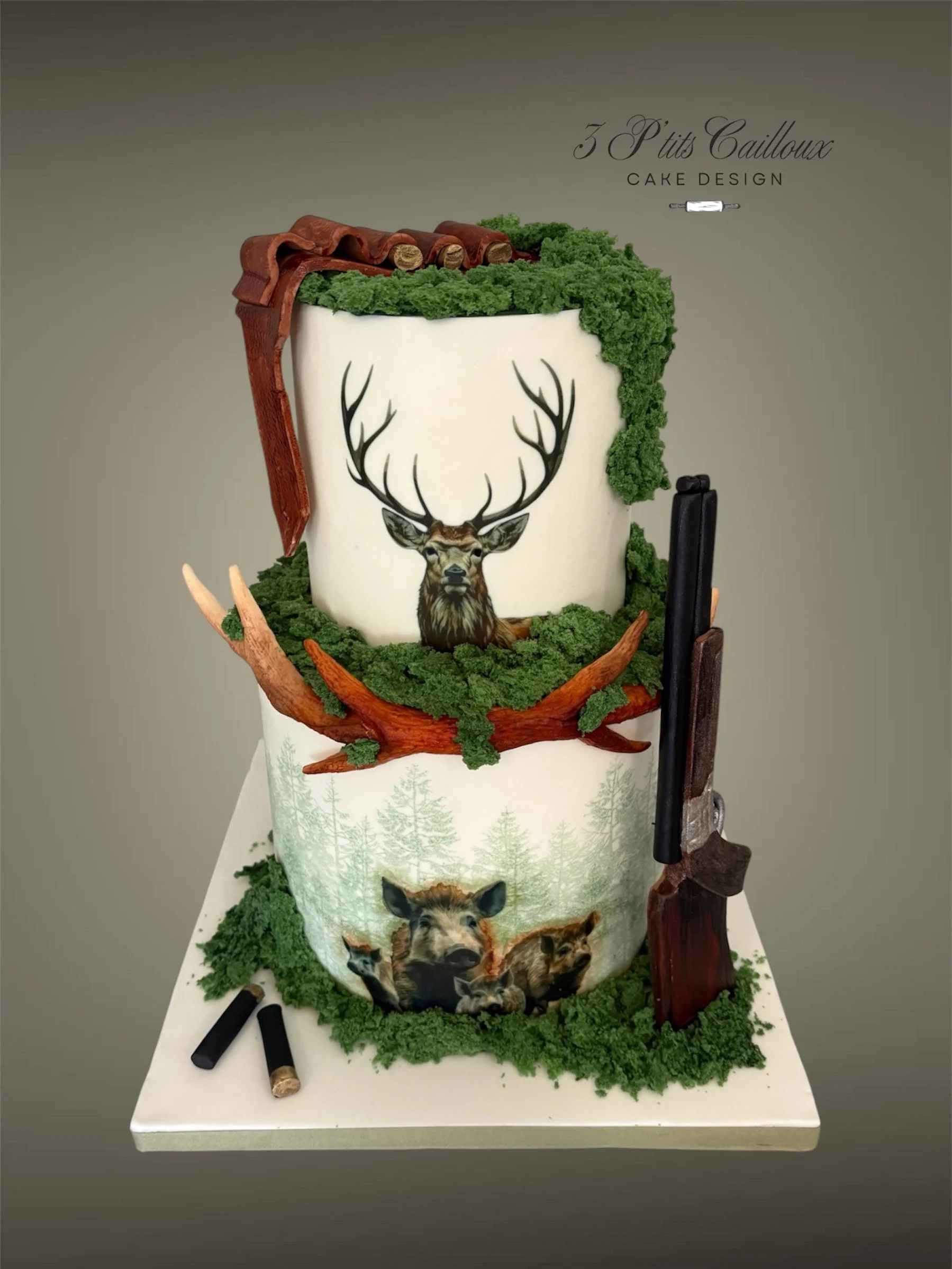 Gâteau avec motif de forêt et animaux sauvages, décoré avec des branches, des feuilles vertes, un cerf, un sanglier, et des éléments en chocolat en forme d'armes à feu.