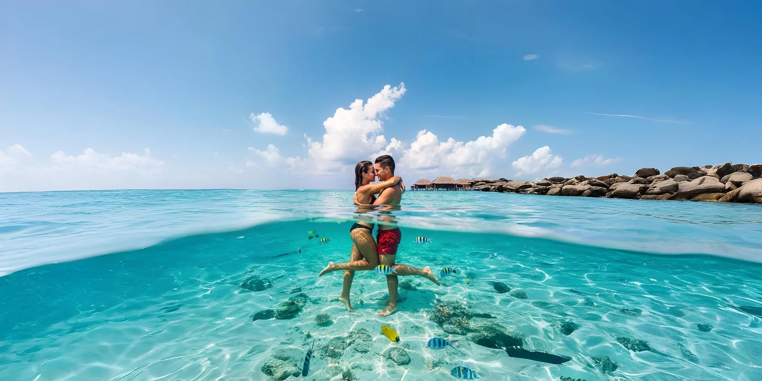 A couple embracing in the ocean, partially submerged, with clear blue water, rocks on the shoreline, and overwater bungalows in the background under a blue sky with clouds.