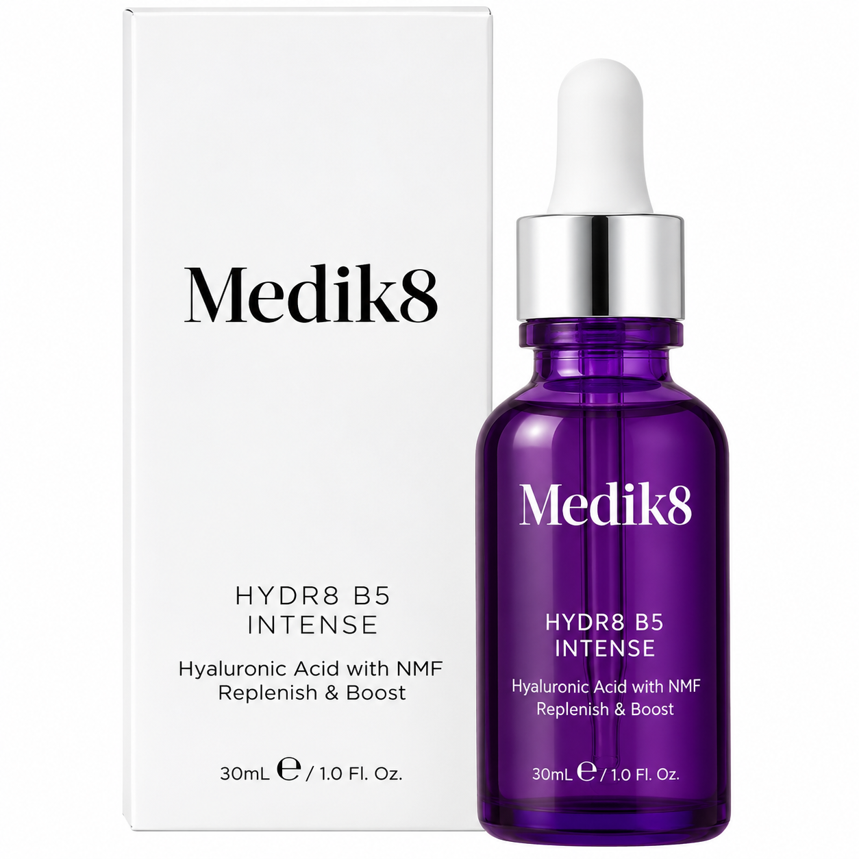 Medik8 Hydr8 B5 Intense serum in a purple dropper bottle with matching white packaging, on a clean white background.
