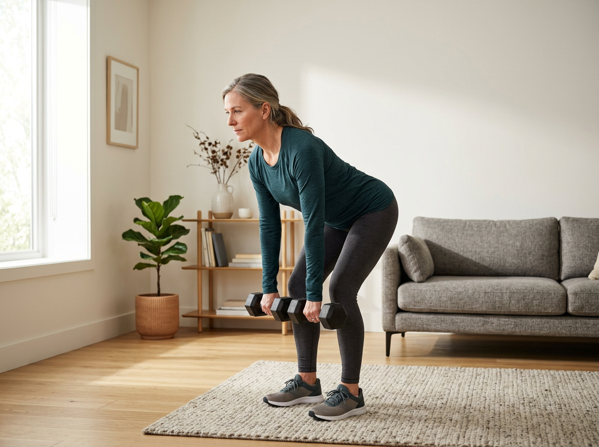 Woman performing a Romanian deadlift with dumbbells during a strength training workout at home