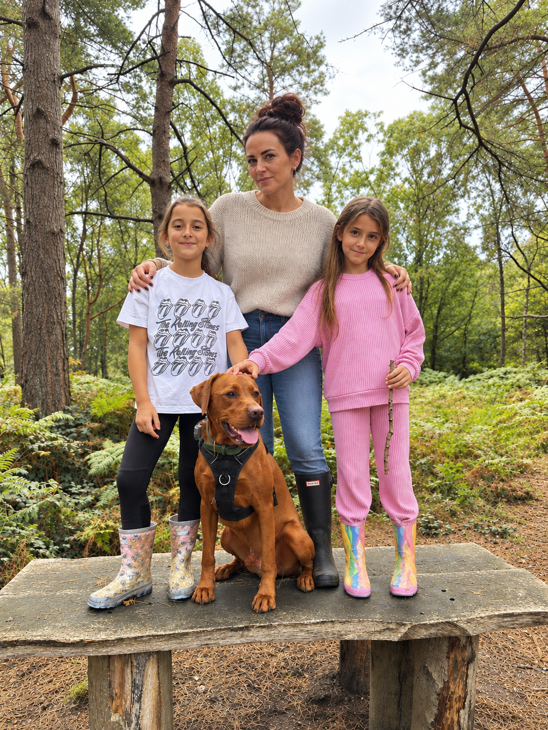 AVicki-Marie Cossar, The Wellness Editor - a woman, black pants, and colorful rain boots. The girl on the right has long brown hair, a pink sweater and pants, and rainbow-patterned rain boots. The dog has a harness, its tongue out, and looks happy.
