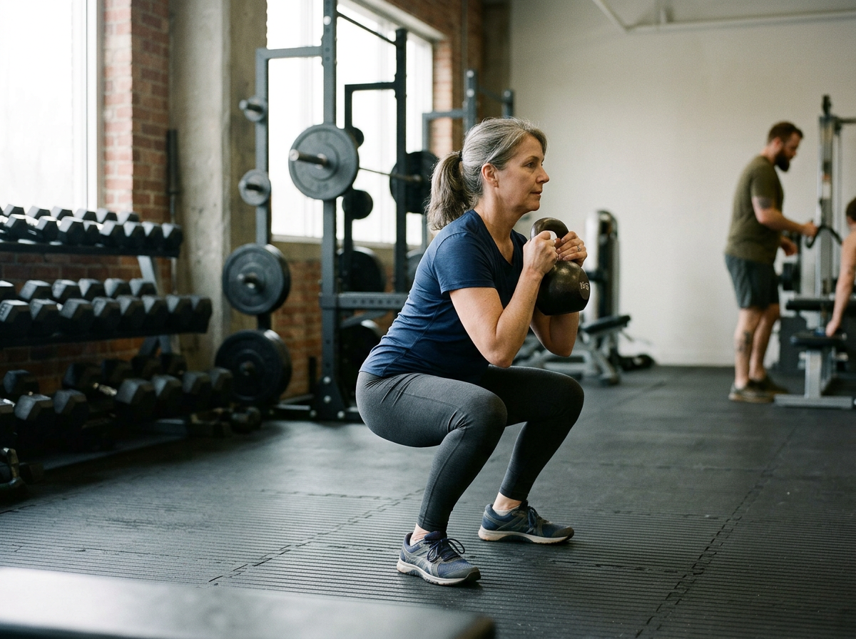 Woman performing a goblet squat with a kettlebell during a strength training workout in a gym  What abou