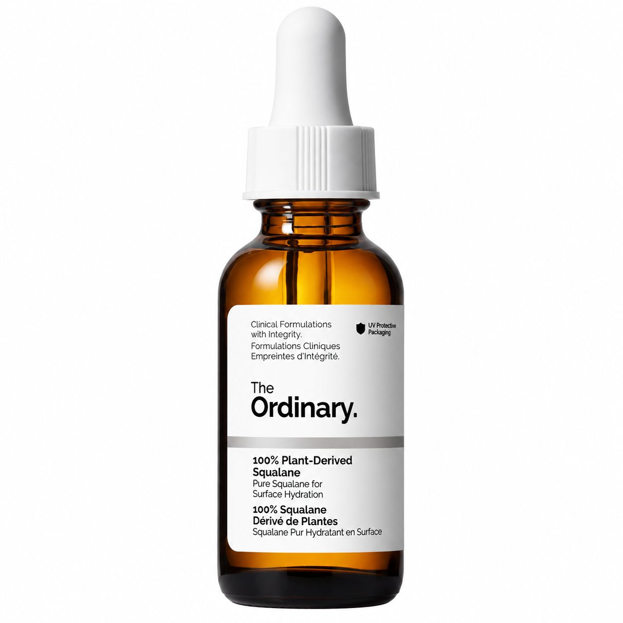 The Ordinary 100% Plant-Derived Squalane in an amber glass dropper bottle on a clean white background.