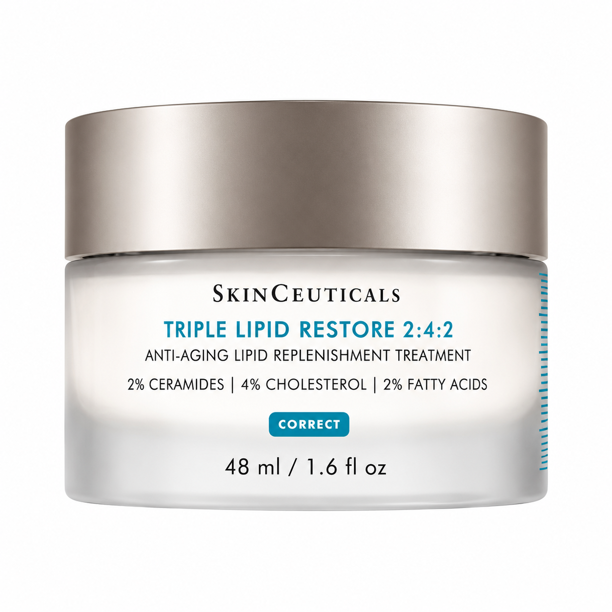 SkinCeuticals Triple Lipid Restore 2:4:2 anti-ageing lipid replenishment cream in a frosted jar with a metallic lid, on a white background.