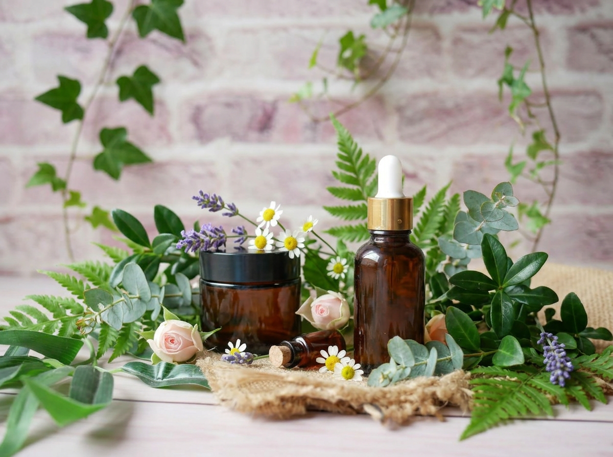 Natural skincare bottles surrounded by leaves, flowers and botanical ingredients
