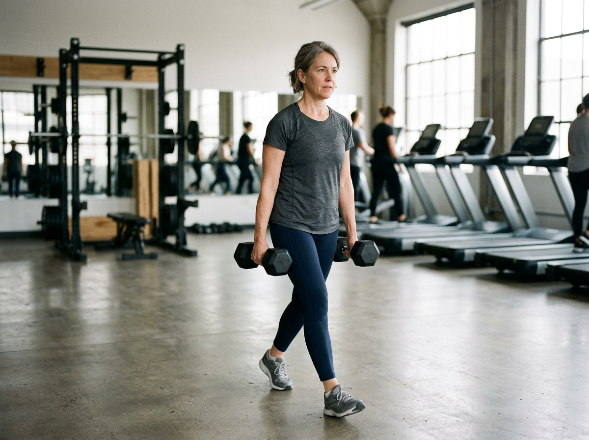 Woman performing a farmer's carry with dumbbells during a strength training workout in a gym