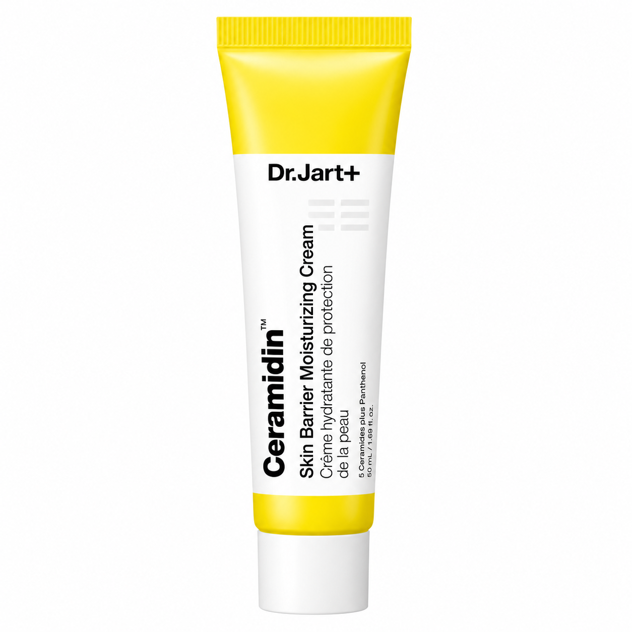 Dr.Jart+ Ceramidin Skin Barrier Moisturizing Cream in a yellow and white tube on a clean white background