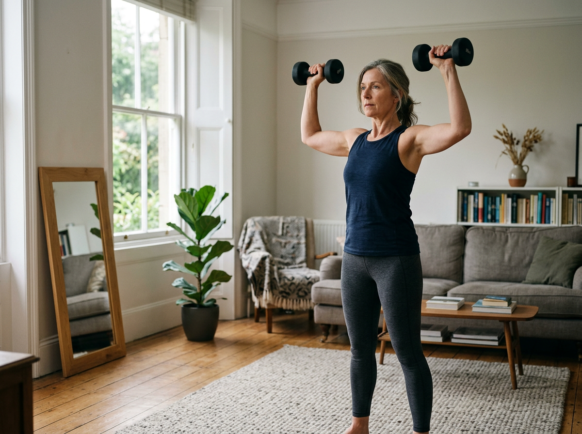 Woman performing a dumbbell shoulder press during a strength training workout at home