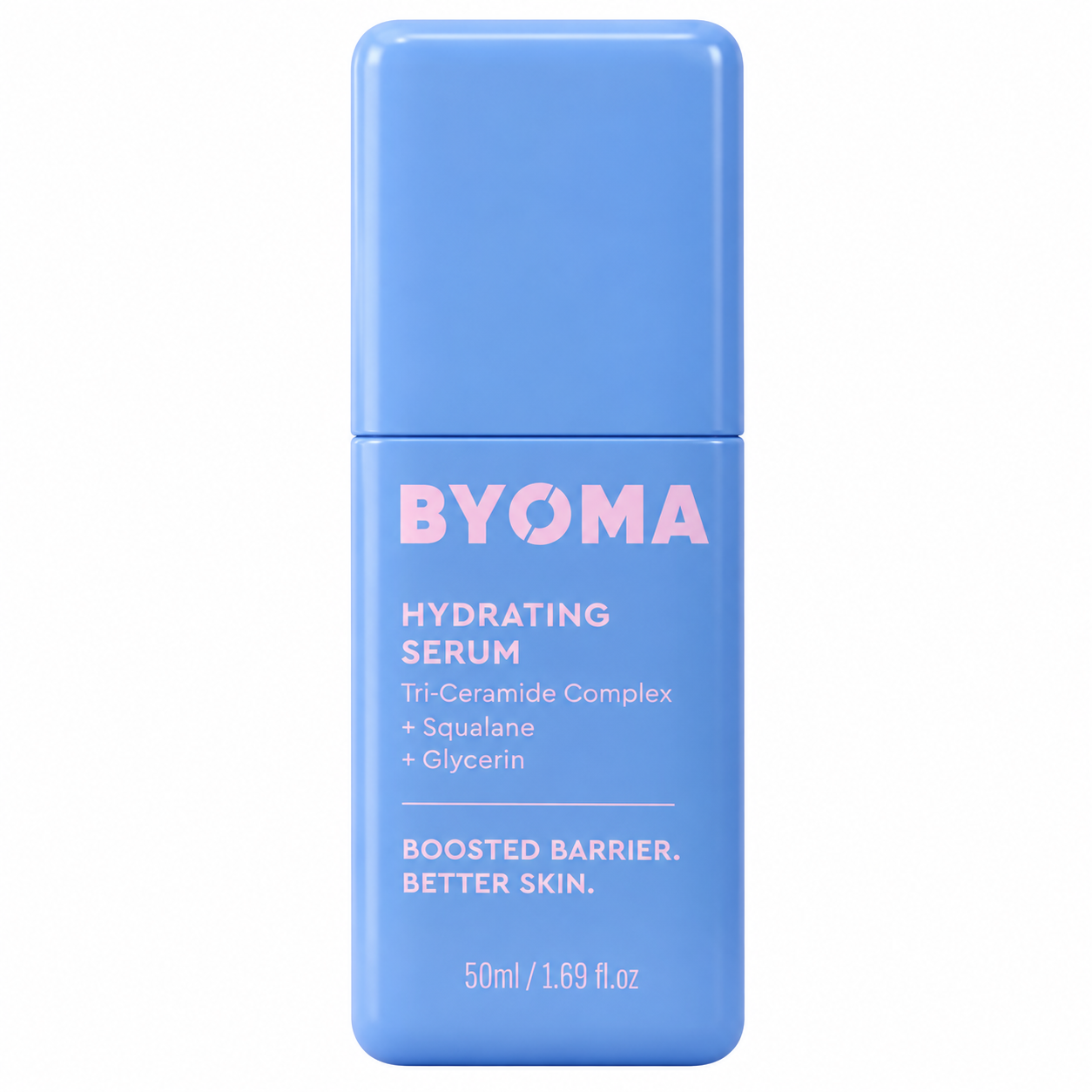 BYOMA Hydrating Serum with tri-ceramide complex, squalane and glycerin in a blue bottle on a clean white background