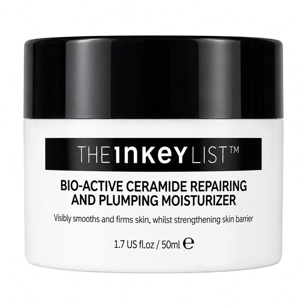 The INKEY List Bio-Active Ceramide Repairing and Plumping Moisturizer in a white jar with a black lid, on a clean white background.