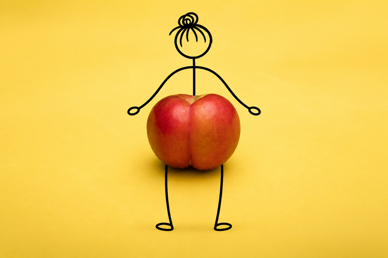 Red apple illustrated as a figure against a yellow background, representing the glutes and bum
