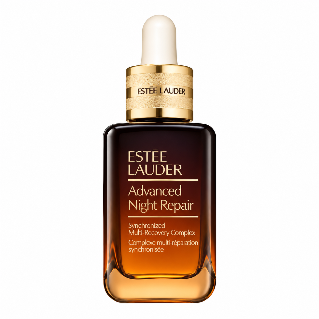 Estée Lauder Advanced Night Repair serum in a brown glass bottle with gold dropper, on a white background.