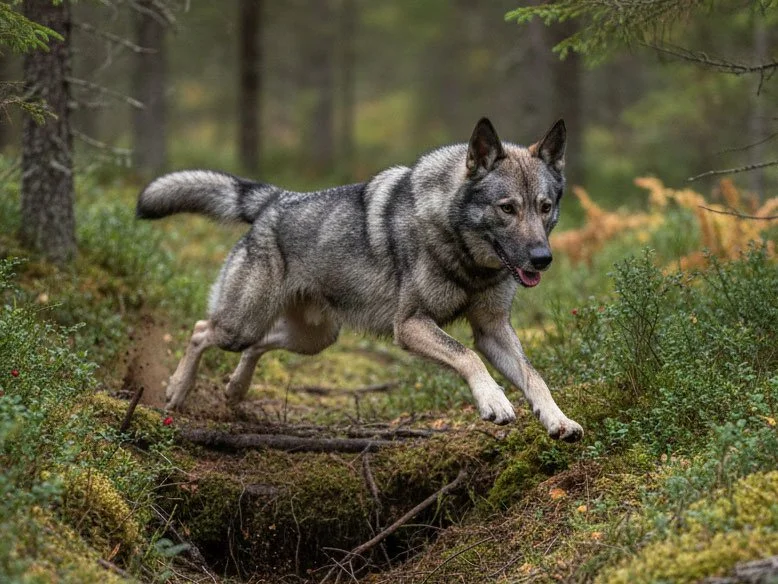 Hund som springer i skogen