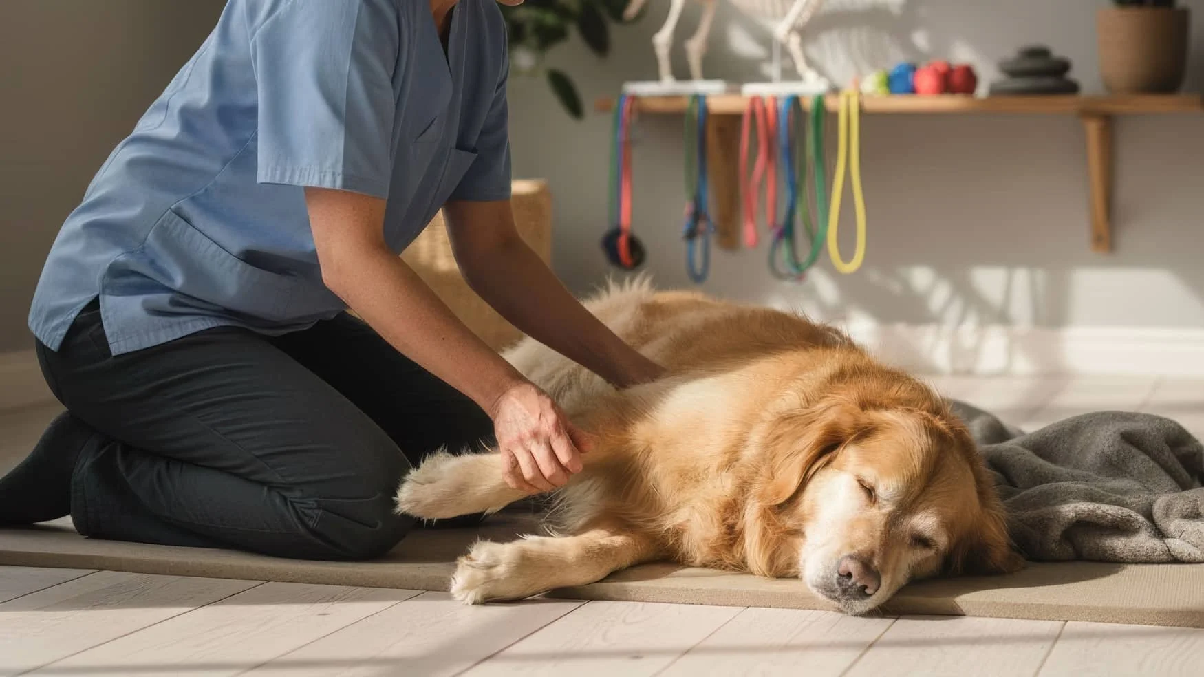 Undersökning av en hund inför rehabbehandling