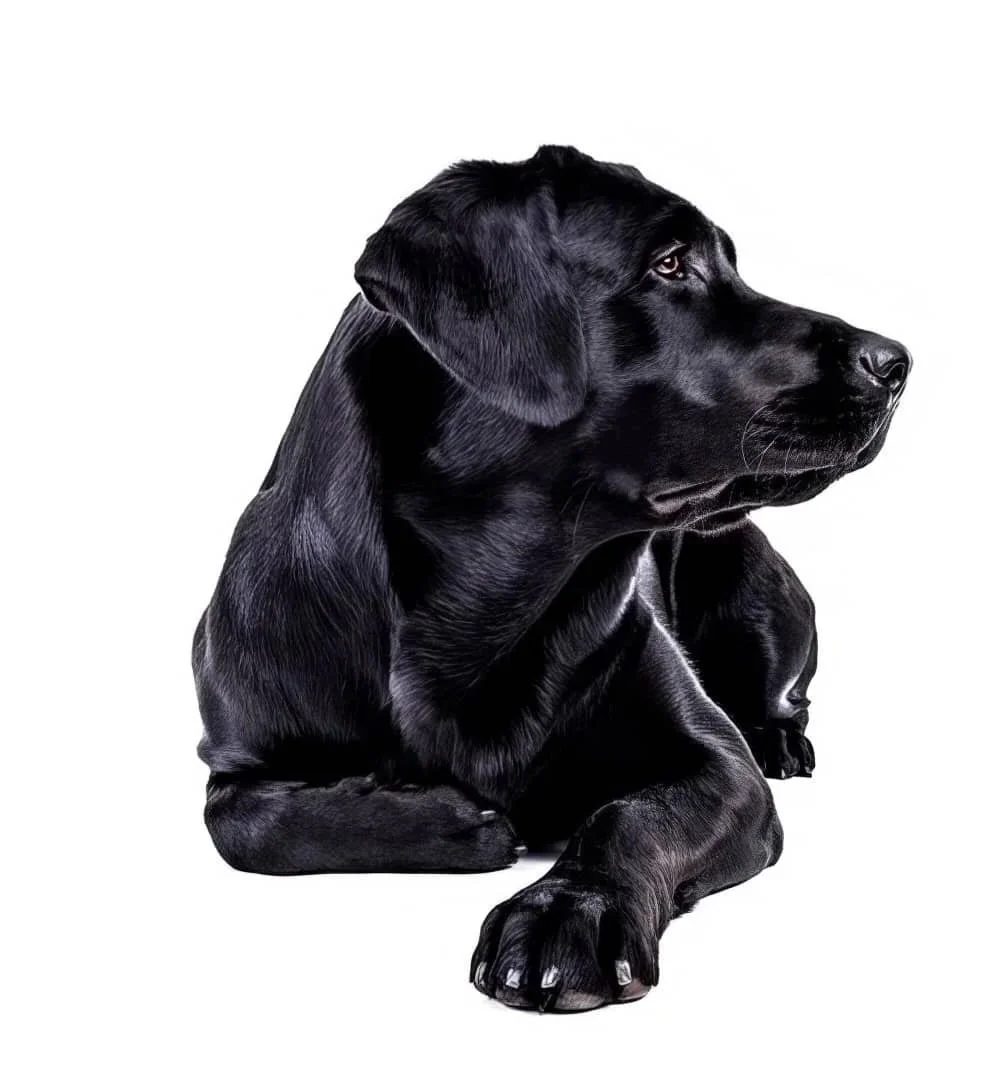 Svart labradorhund som ligger på golvet