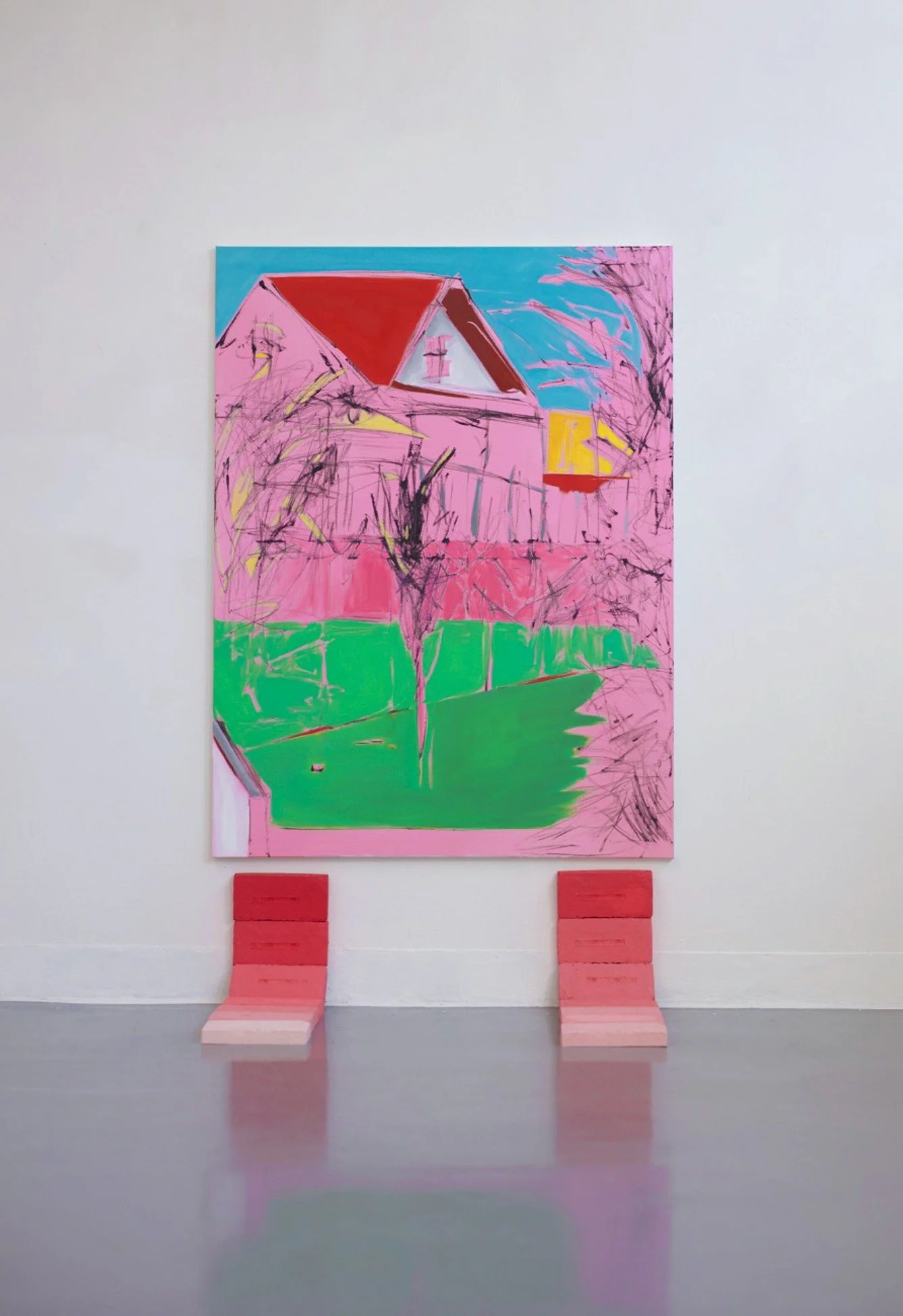   Seirim Yoon    The Hill,  2023  oil on canvas and bricks  38.2in x 51.2in 