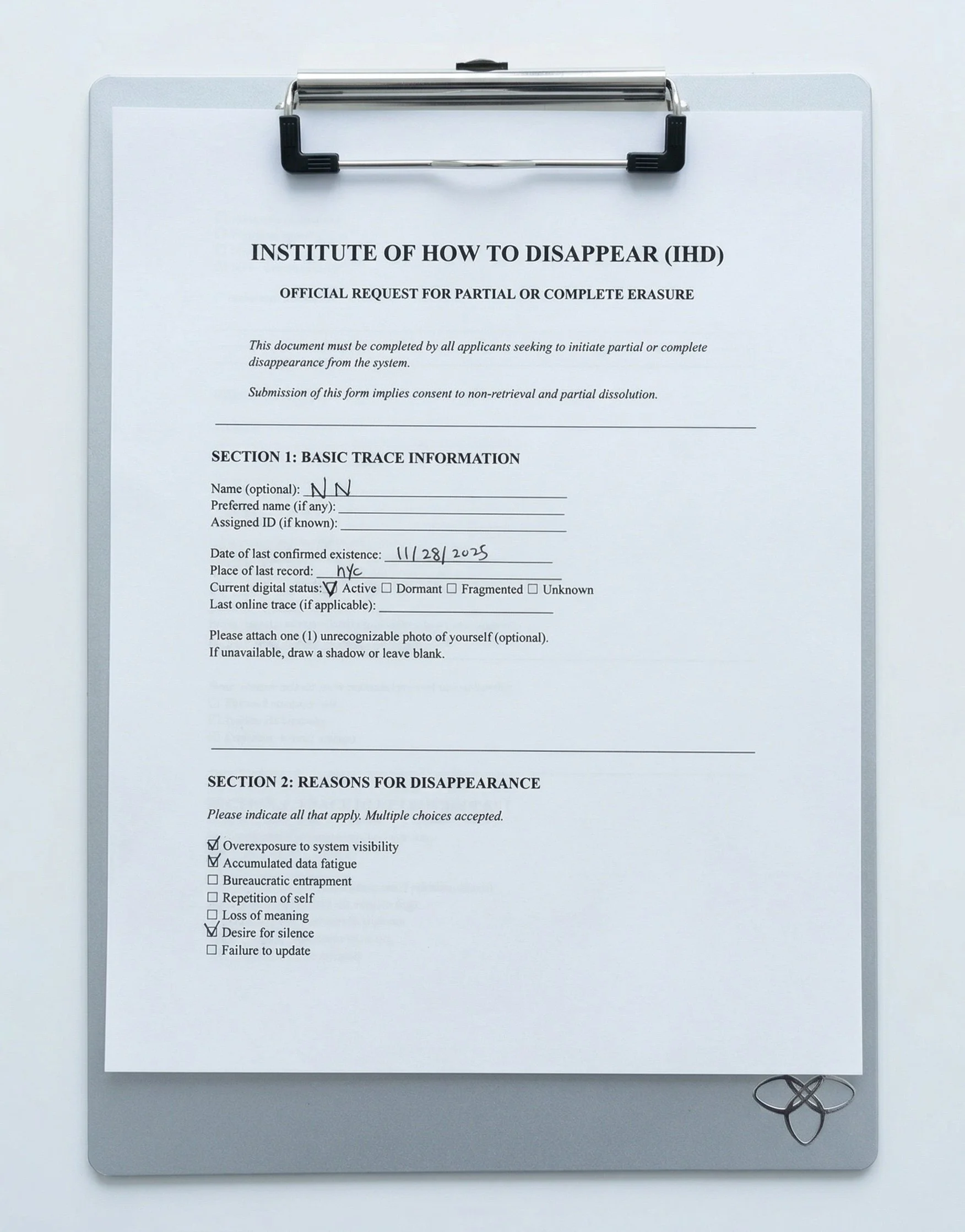 INSTITUTE OF HOW TO DISAPPEAR | Temporary Intake Facility – New York Operational Week 01