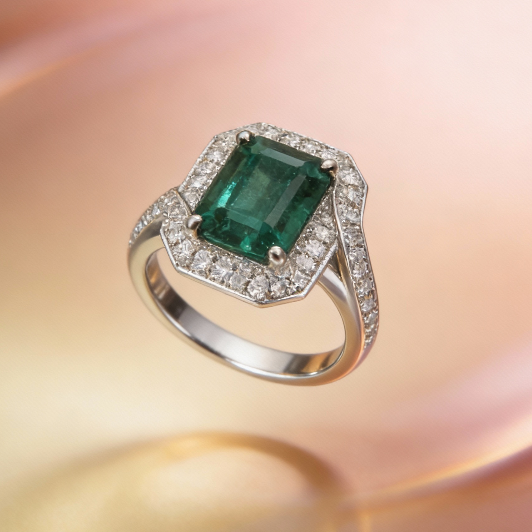 Bague en Émeraude, Or blanc 18k et sertie de diamants