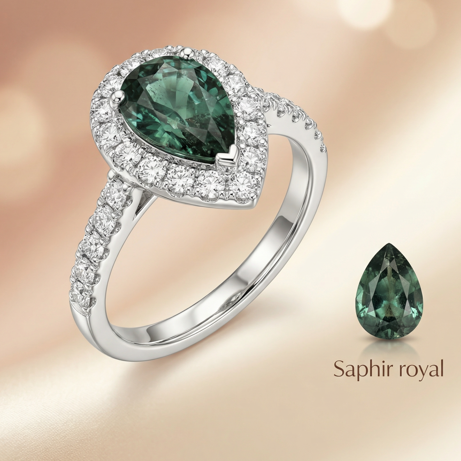 Bague en Or blanc 18k, Saphir royal et sertie de diamants