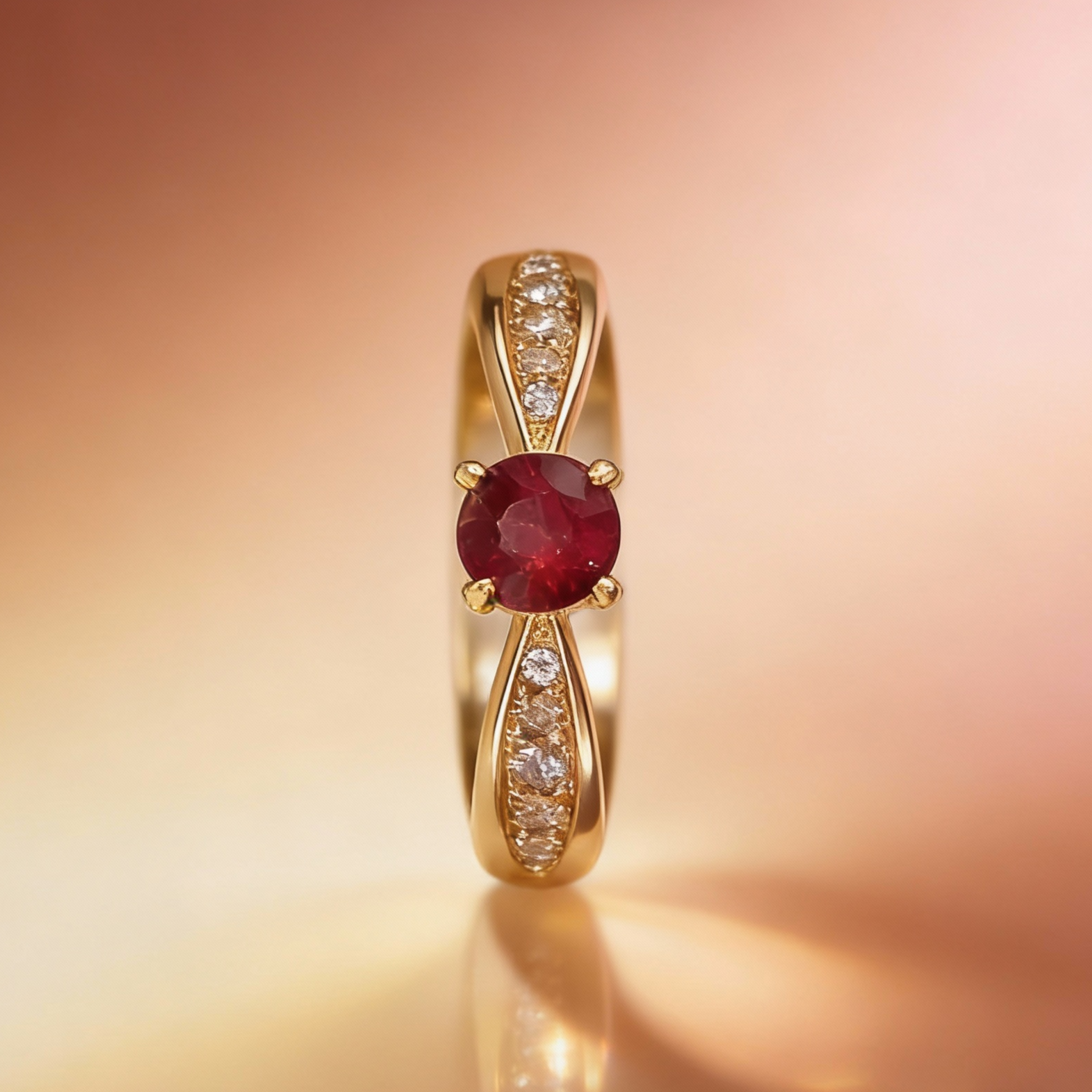 Bague en Or jaune 18k, Rubis et sertie de diamants