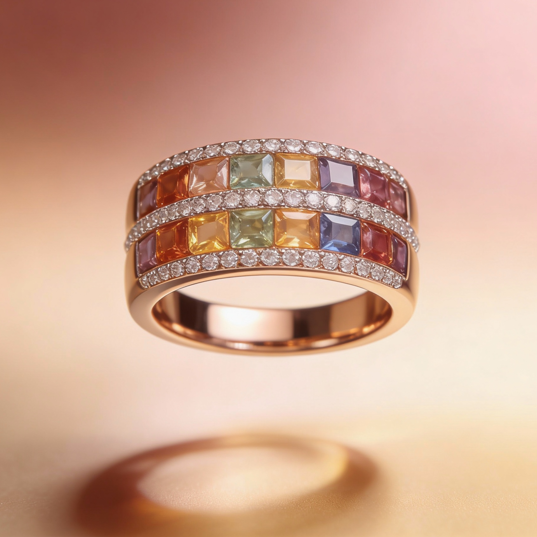 Bague en Or 18k et Saphir multicolore et sertie de diamants