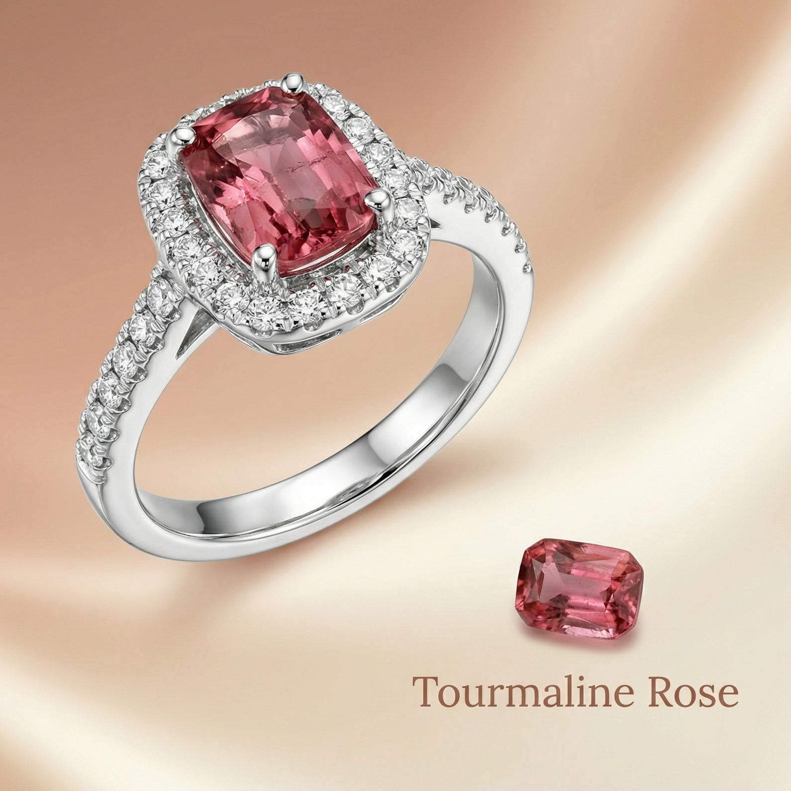 Bague en Or blanc 18k, Tourmaline rose et sertie de diamants