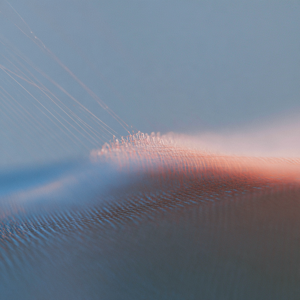 Une image abstraite avec des lignes fines et une texture en dégradé de couleurs allant du bleu au rose, évoquant une vue de près d'une surface ou une représentation numérique.