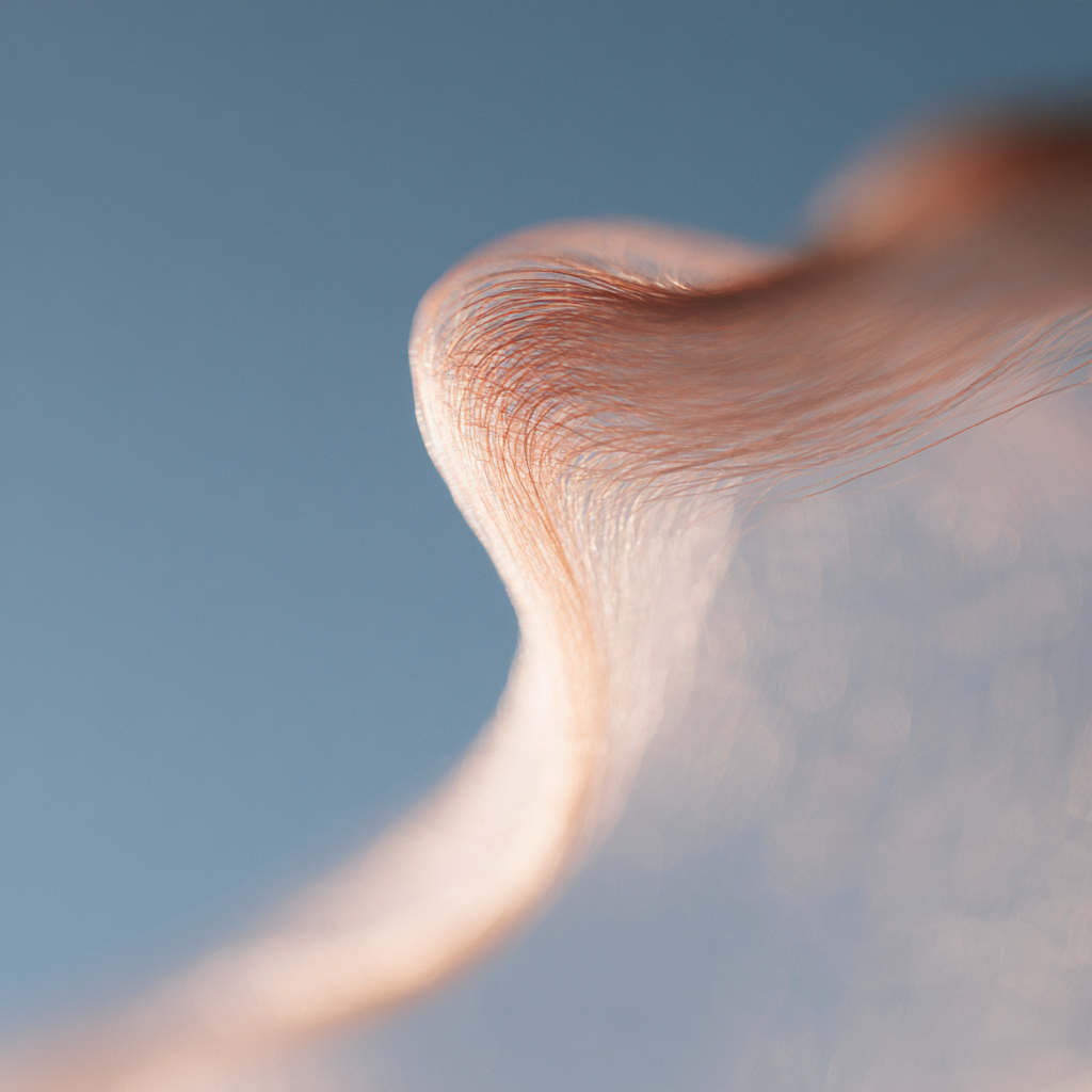 Un gros plan d'une ligne de cheveux ou de fil, contrastant avec un arrière-plan flou bleu.