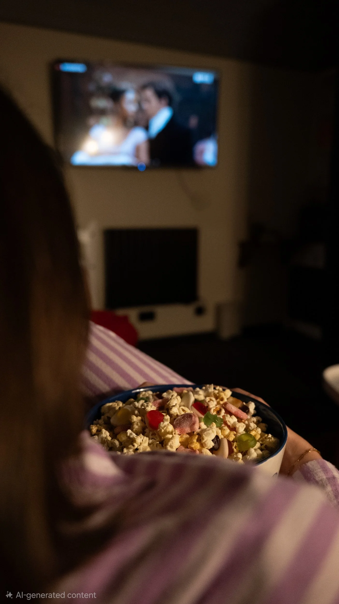 A person sitting on a sofa watching a movie on a TV, with a bowl of popcorn in their lap.