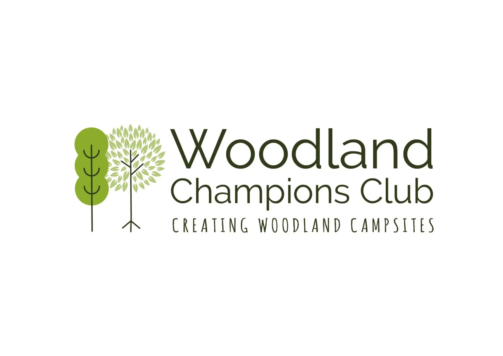 Logo for Woodland Champions Club featuring stylized trees and text: 'Woodland Champions Club' and 'Creating Woodland Campsites'.