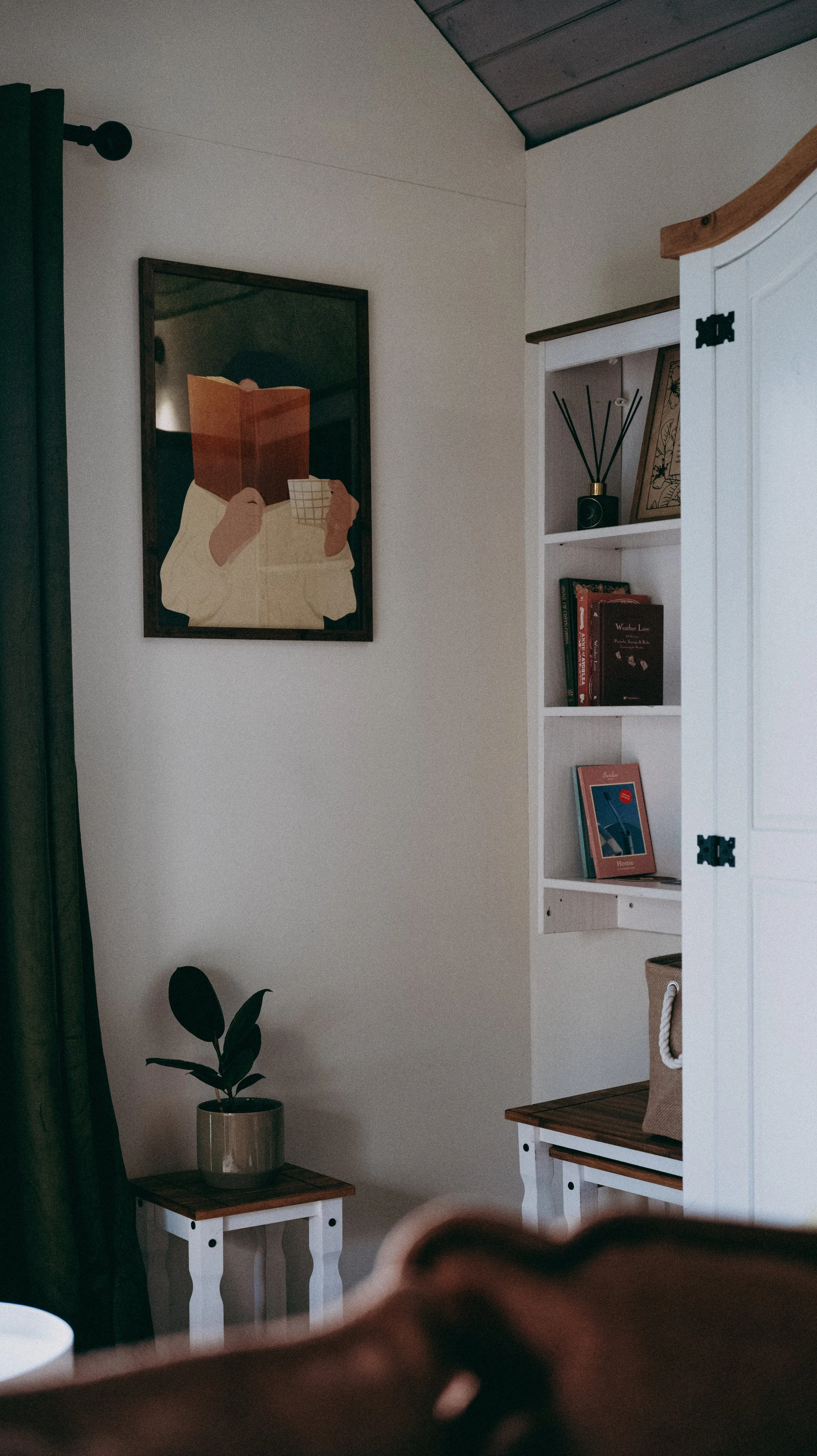 Interior of a room with a white wall, a framed artwork of a person reading, a white bookshelf with books, a black diffuser with reeds, a small potted plant on a wooden table, and part of a white cabinet with black hinges.