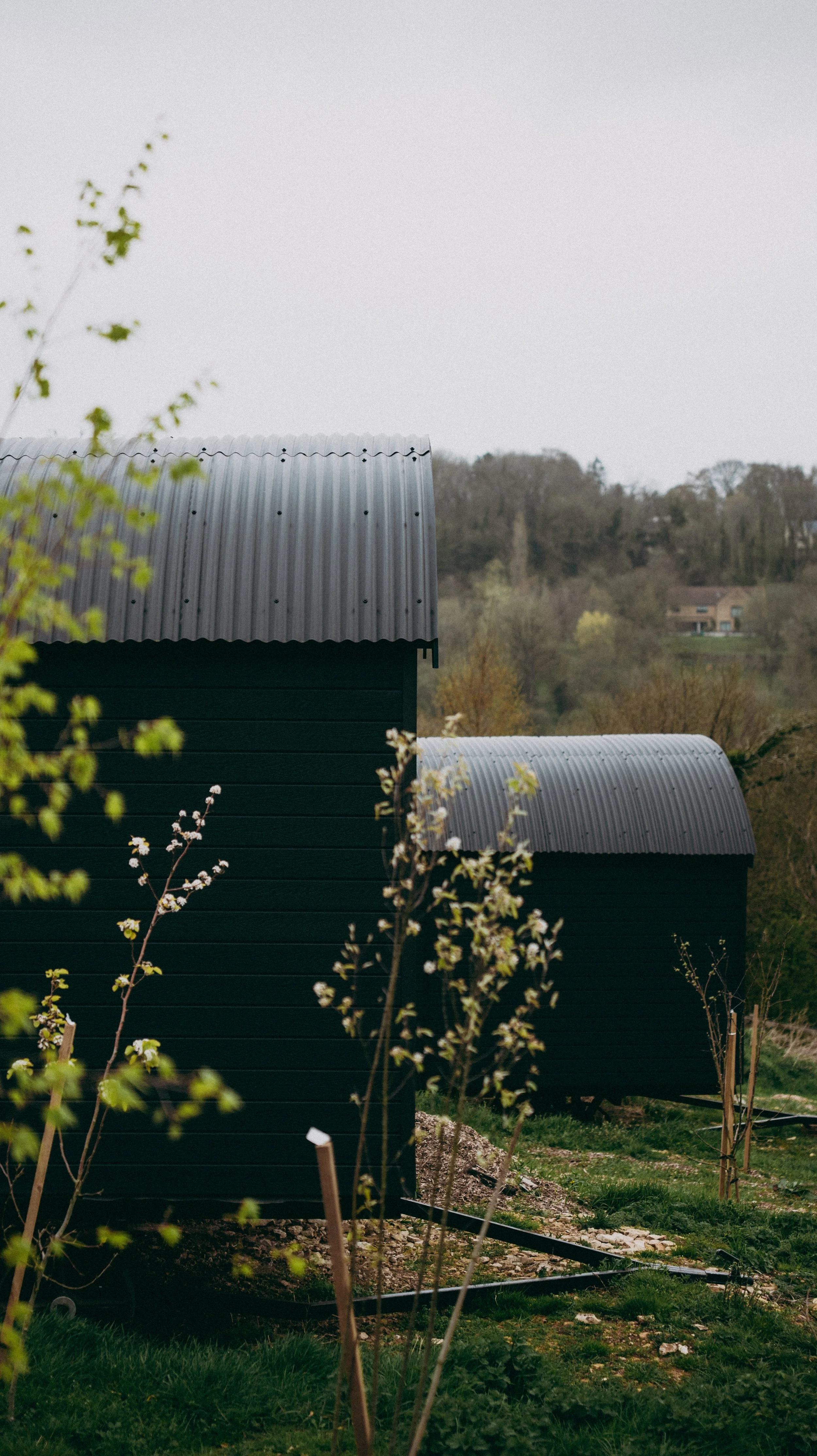 Two black cabins with curved metal roofs in a rural area. Small flowering fruit trees and greenery are in the foreground, with distant trees on a hillside in the background.