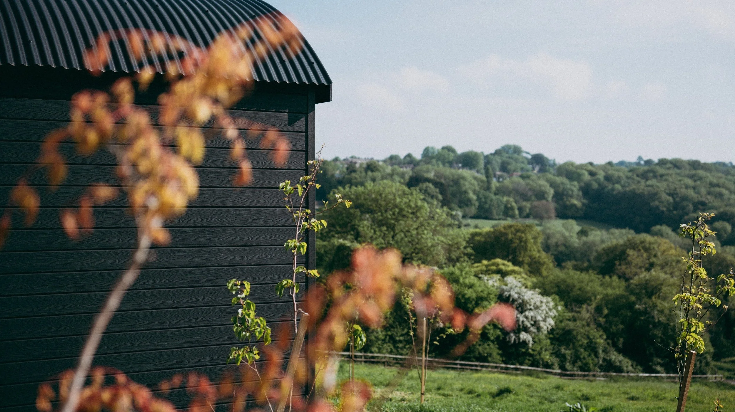 Part of a black cabin with a corrugated metal roof, surrounded by green trees and rolling hills in the distance, with some out-of-focus plants in the foreground.