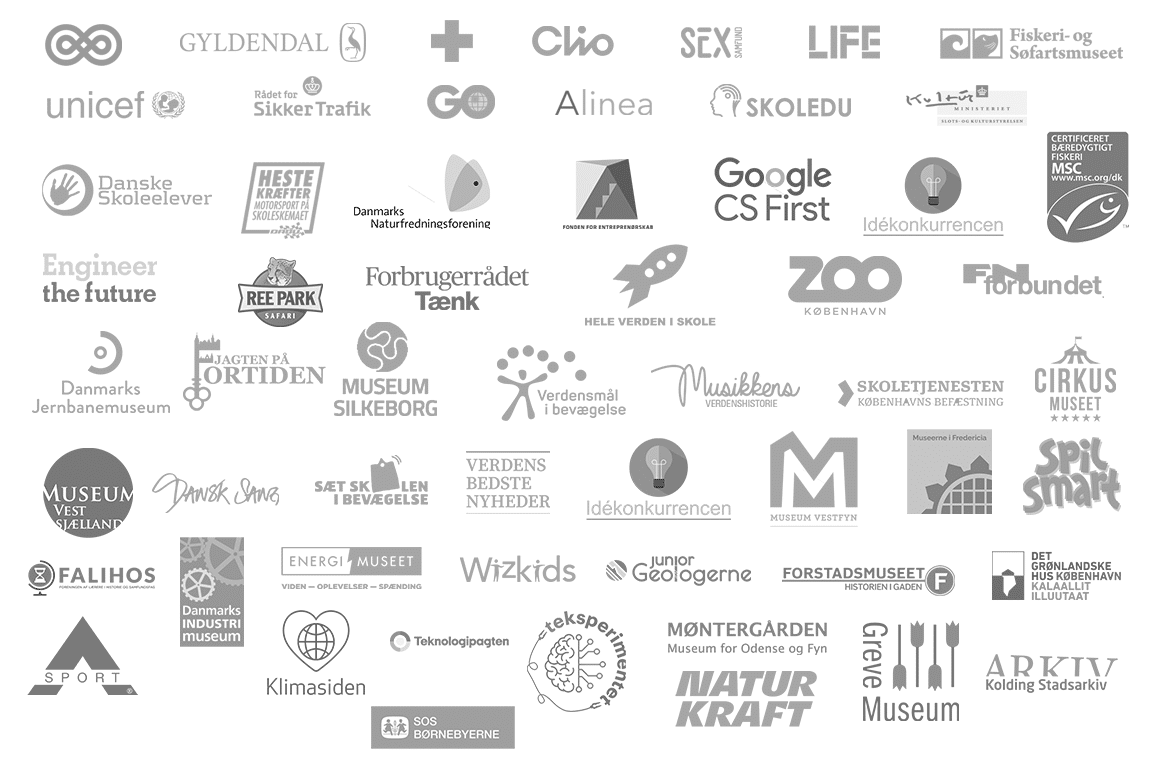A collage of various logos of museums, organizations, and initiatives, mostly in black and white, related to culture, education, environment, and community in Denmark and beyond.