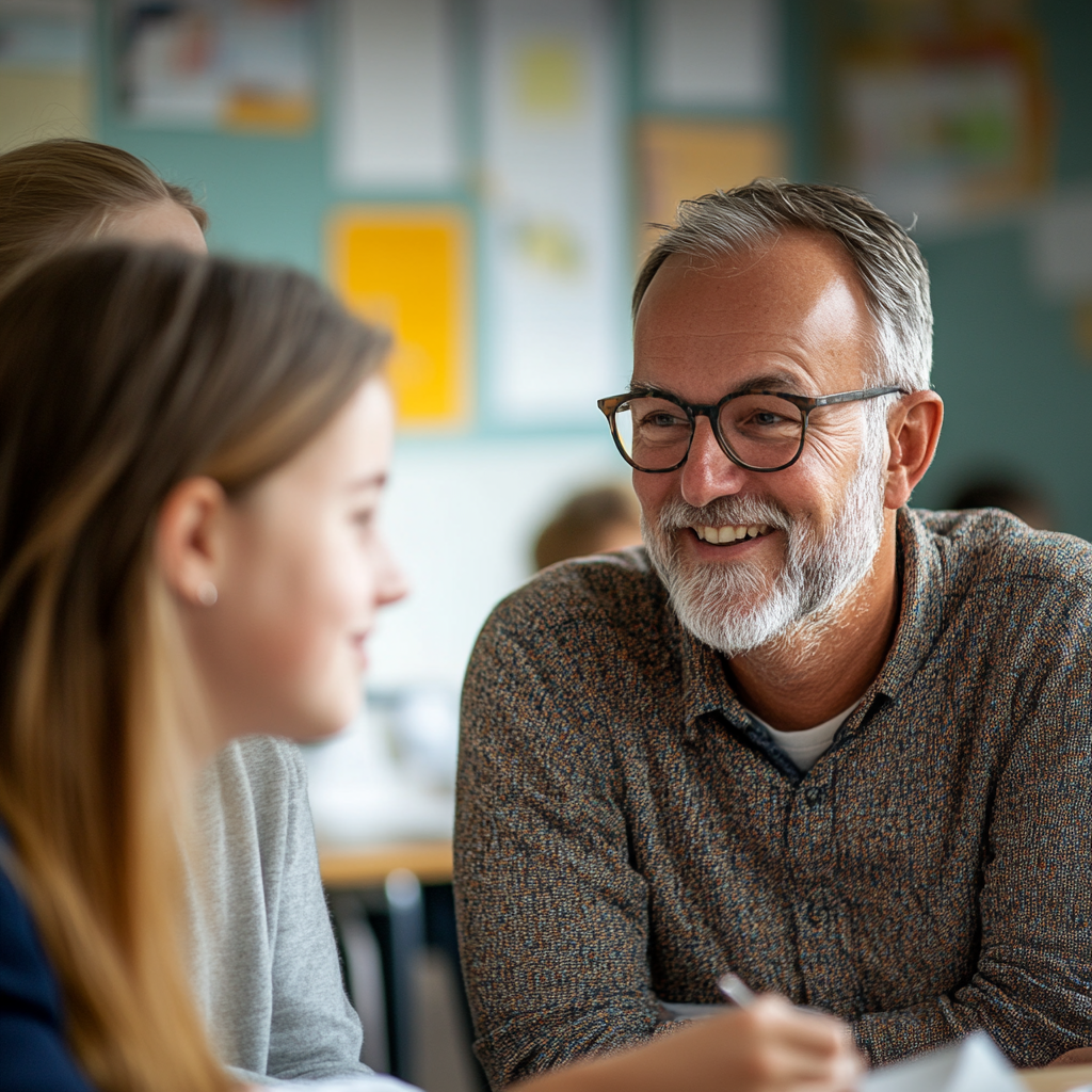 A teacher or mentor smiling and talking with a female student in a classroom setting.