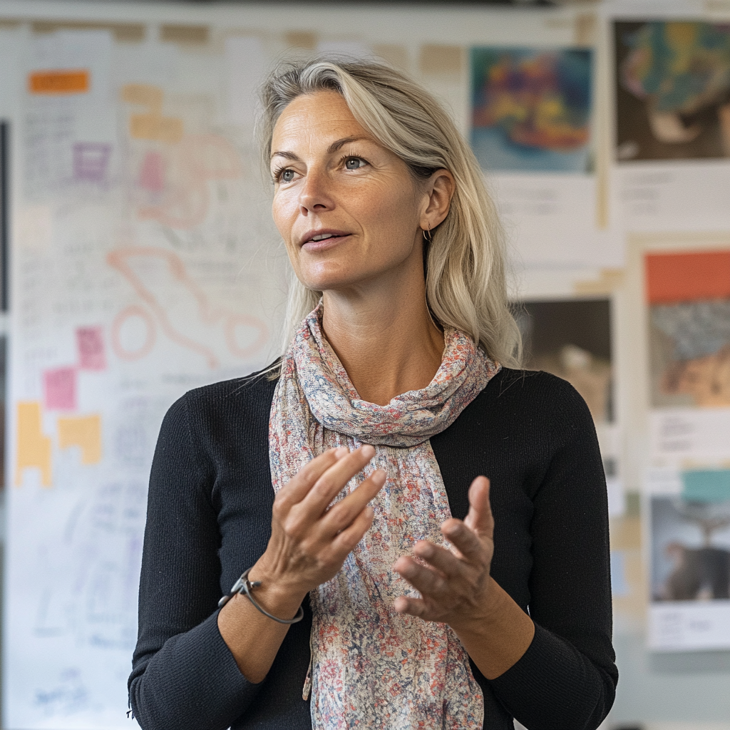 A woman with blonde hair and a patterned scarf speaking or presenting in a classroom with maps and posters on the wall.