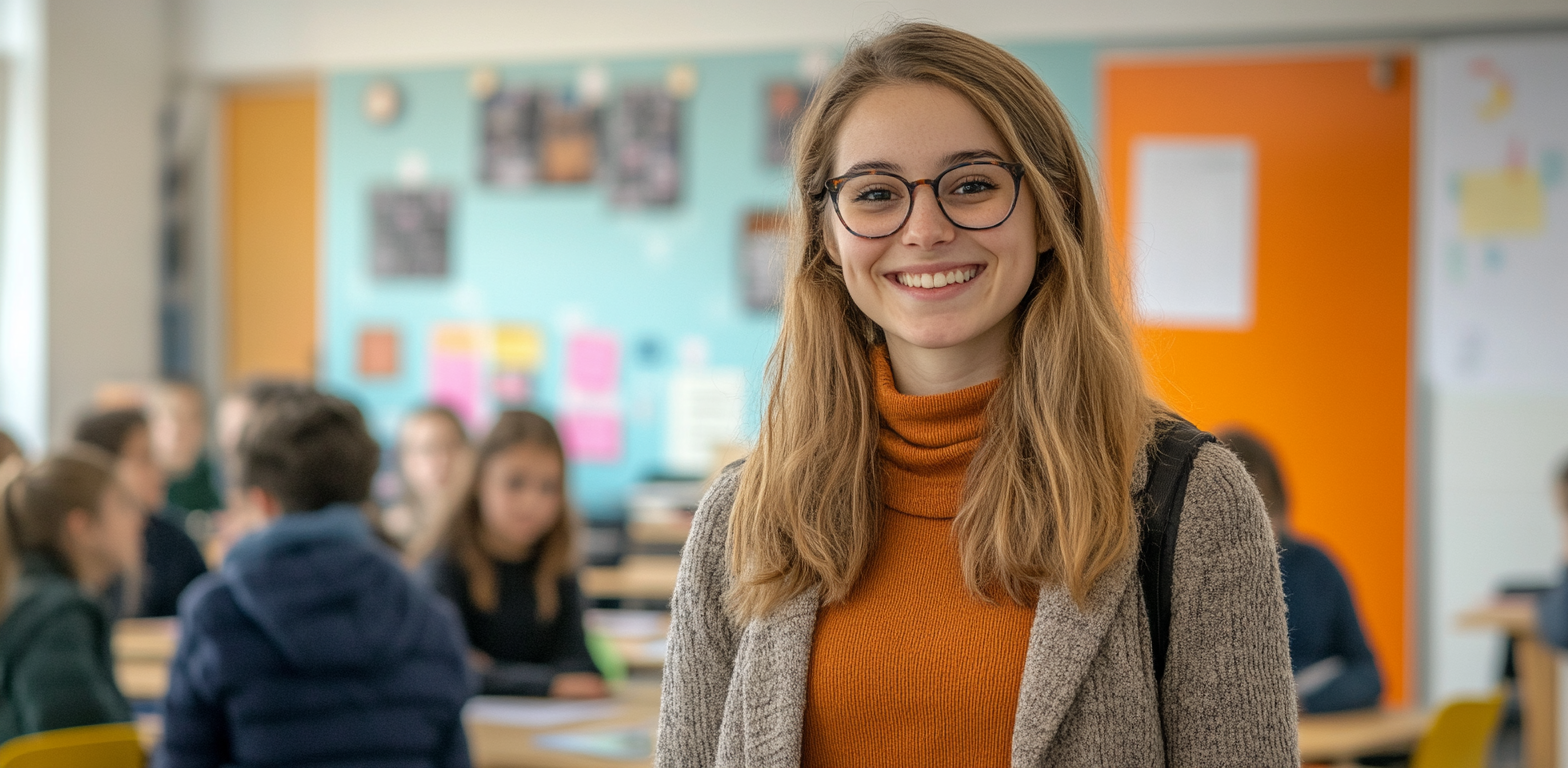 A smiling young woman with glasses, wearing an orange turtleneck and gray blazer, standing in a classroom with students and colorful walls in the background.