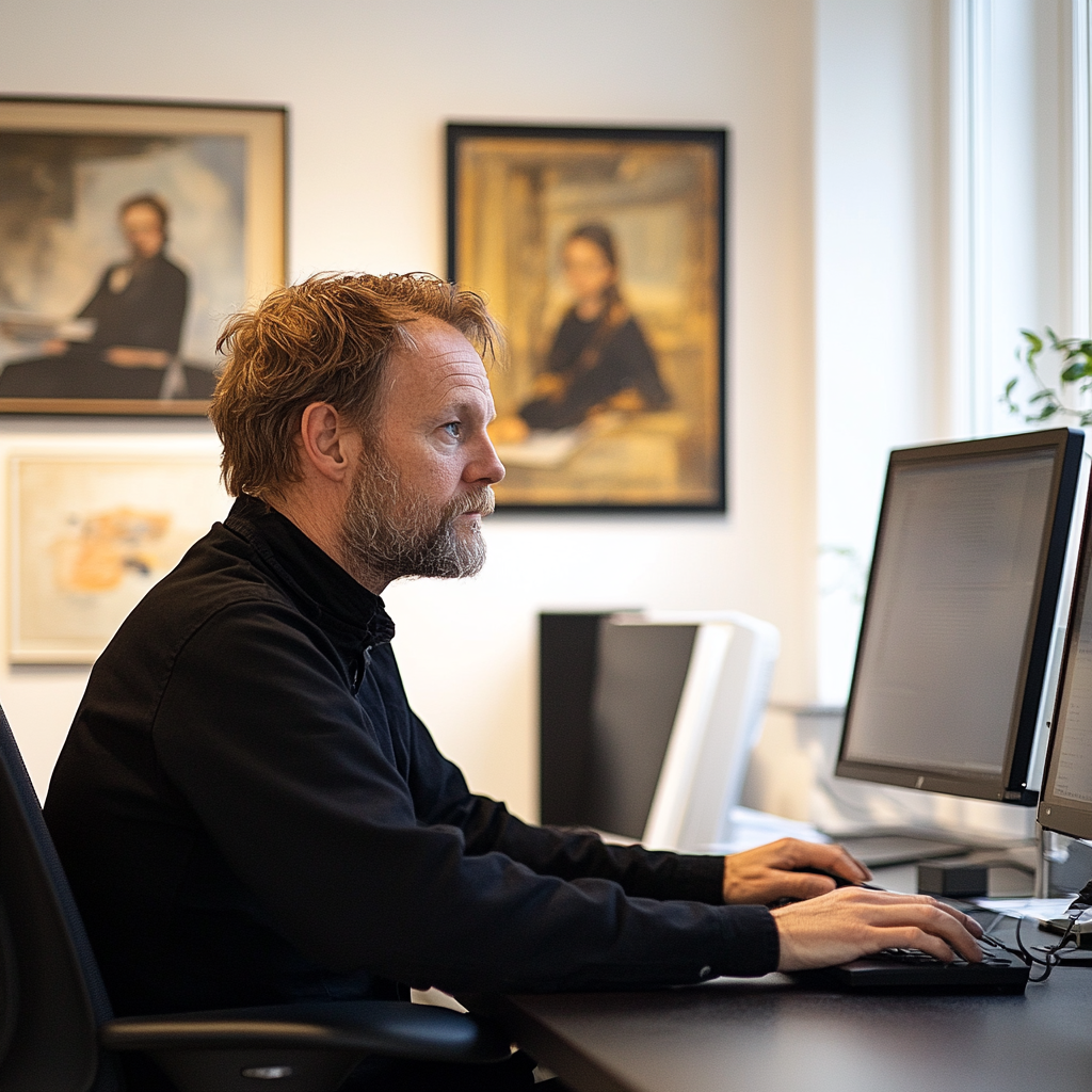 A man with a beard working on a computer in an art gallery or office space with framed paintings on the wall.