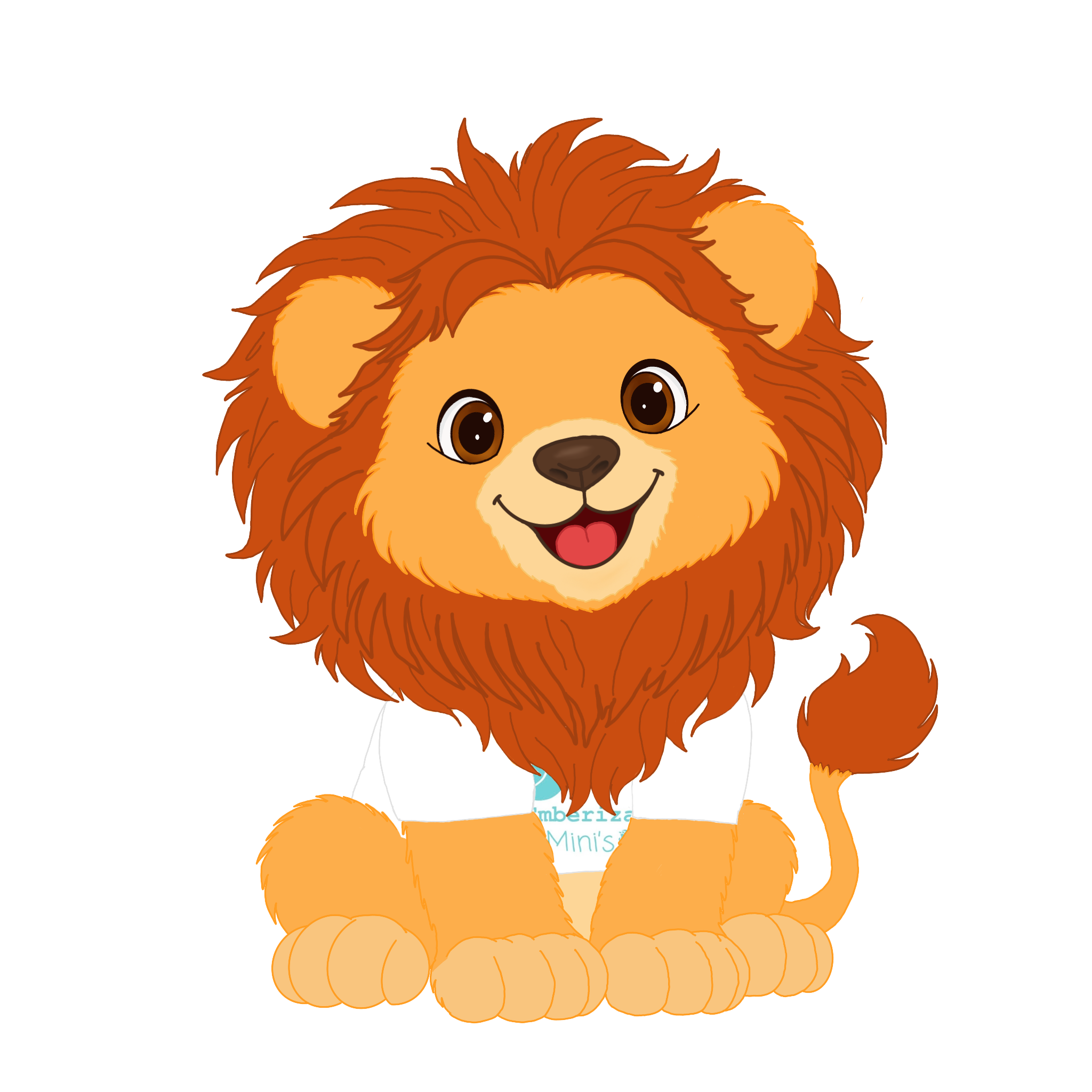Cute cartoon lion with a big mane, sitting down and smiling, wearing a white shirt.