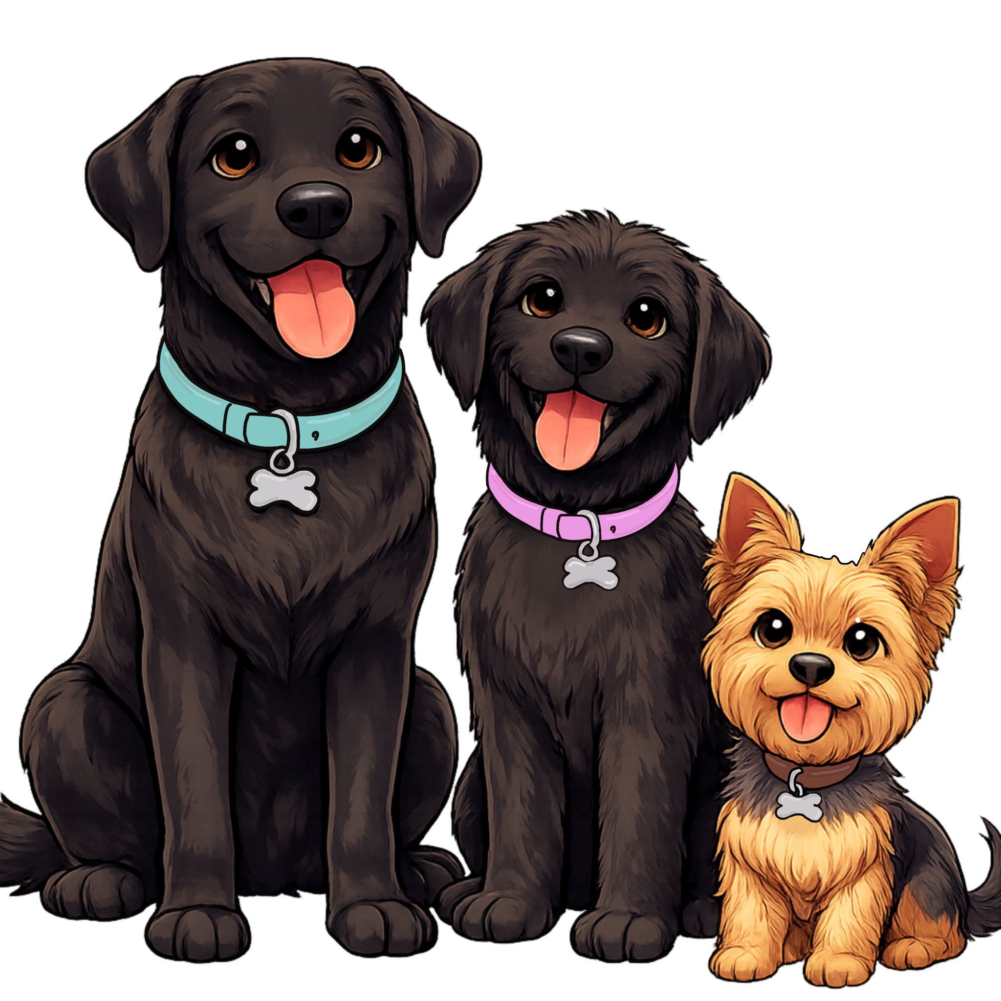 Three cartoon dogs, two black with brown eyes and one small tan with darker fur on the back, all smiling with tongues out. They wear colored collars with bone-shaped tags.
