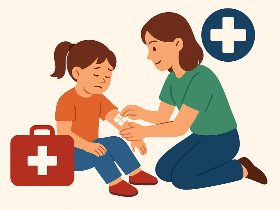 A nurse applying a bandage to a young girl’s arm during a medical treatment, with medical supplies and a first aid symbol in the background.